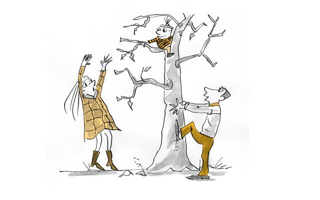 Illustration Kind klettert auf einen Baum und seine Eltern sind besorgt. 