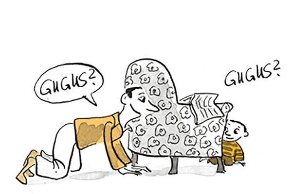 Illustration Kind und Vater spielen Verstecken.