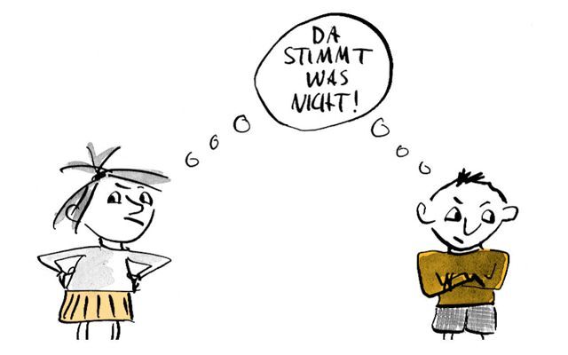 Illustration Zwei Kinder denken sich "Da stimmt was nicht!"