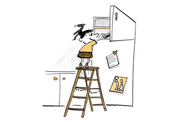 Illustration Kind legt Geist ins Gefrierfach. 