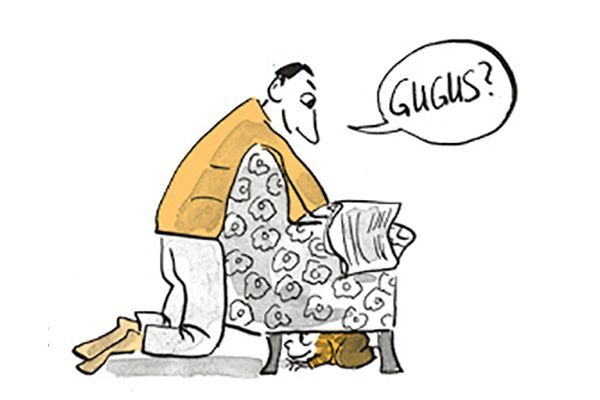 Illustration Kind versteckt sich unter dem Sessel.