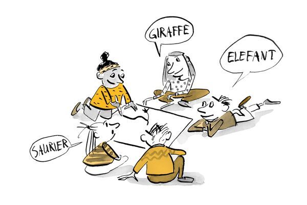 Illustration: Kinder sitzen um ein grosses Blatt und ein Mädchen zeichnet