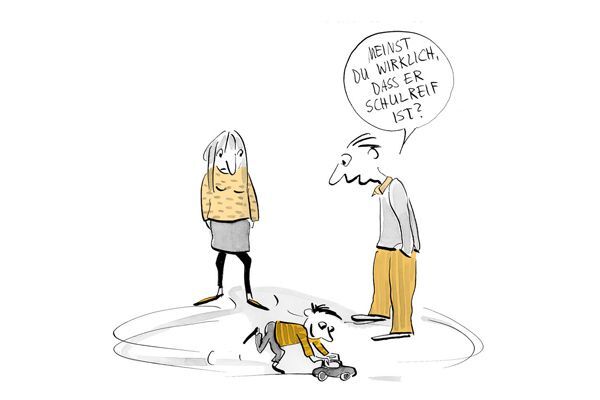 Illustration: Kind fährt mit einem Spielauto im Kreis und die Eltern schauen zu