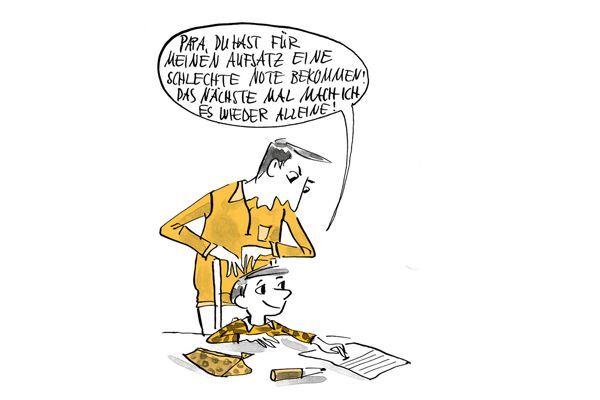Illustration: Kind zeigt seinen Aufsatz an seinen Vater 