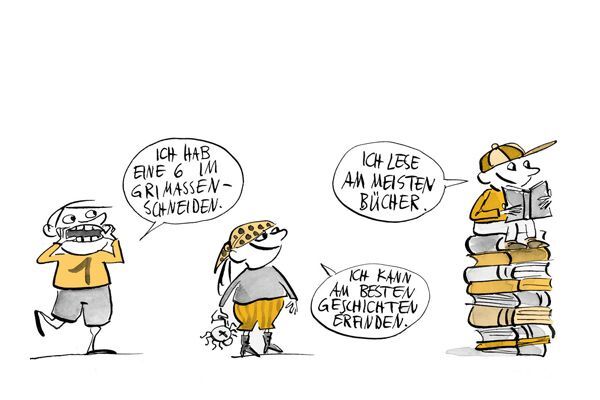 Illustration: Das Kind links macht eine Grimasse, das Kind in der Mitte trägt ein Piratenkostüm und das Kind rechts sitzt auf einen Stapel Bücher