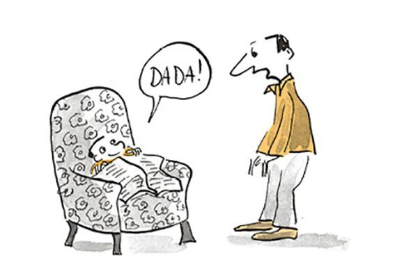 Illustration Der Vater entdeckt das Kind im Sessel.