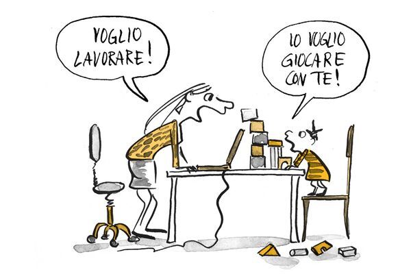 Illustrazione Mamma: Voglio lavorare! Figlio: Io voglio giocare con te!