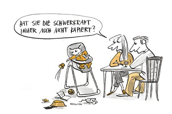 Illustration Kind sitzt im Kinderhochstuhl und schmeisst alles hinunter.