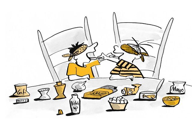 Illustration Les enfants se donnent de la nourriture les yeux bandés