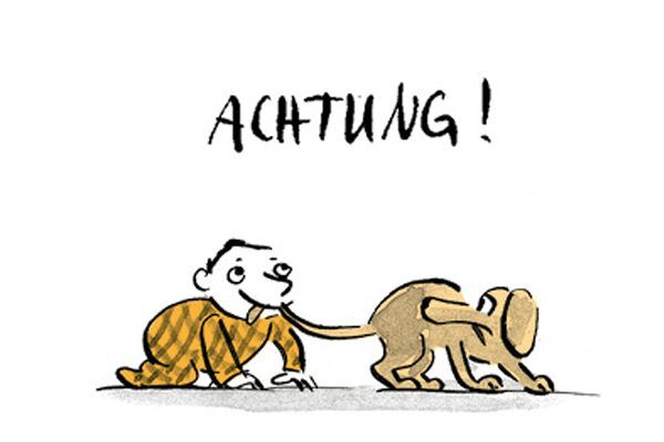 Illustration Kind hat den Schwanz vom Hund im Mund.