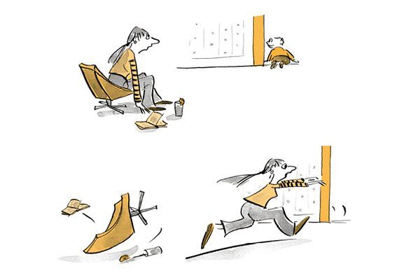 Illustration Das Kind krabbelt ausser Sicht und die Mutter rennt nach.