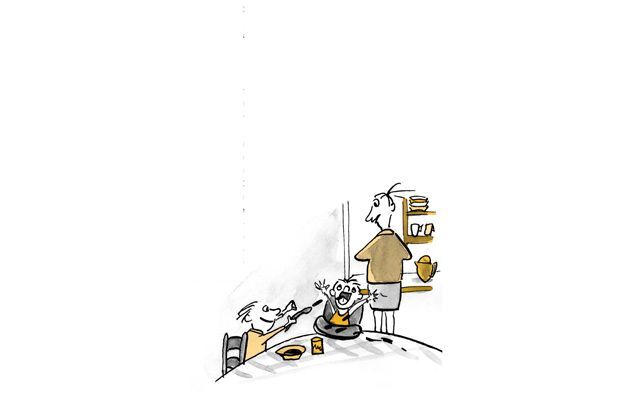 Illustration Un enfant aide sa petite sœur à manger
