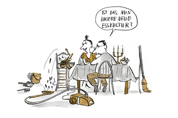 Illustration Das Kind sitzt am Esstisch im Kinderhochstuhl, der Staubsauger liegt am Boden und saugt vorzu auf.
