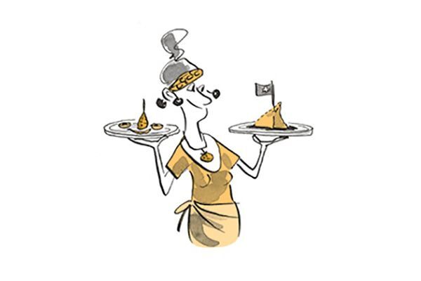 Illustration Eine Frau trägt in jeder Hand einen Teller mit Essen.