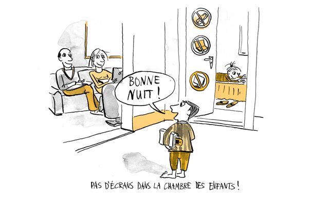 Illustration Un enfant souhaite « bonne nuit » à ses parents