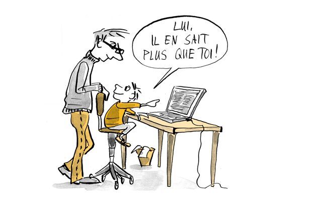 Illustration L'enfant dit que l'ordinateur en sait plus que son père