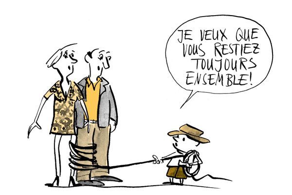 Illustration Un enfant attache ses parents par les jambes