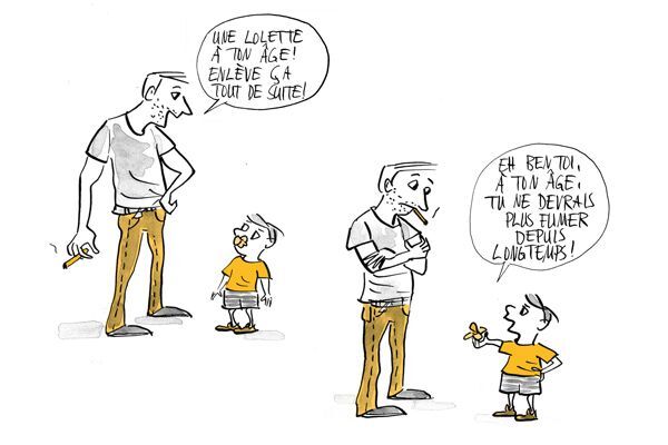 Illustration Le père dit à l'enfant d'enlever la sucette