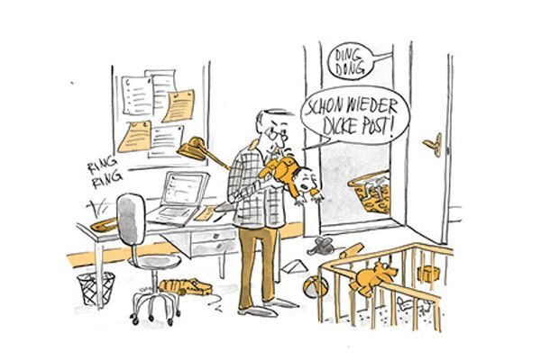 Illustration Es klingelt an der Tür, der Vater hält das Kind im Arm.