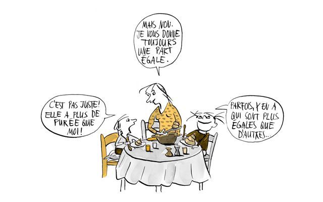 Illustration L'enfant trouve que sa mère partage la nourriture de manière injuste