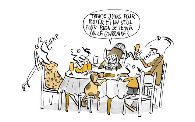 Illustration Mutter rülpst am Esstisch