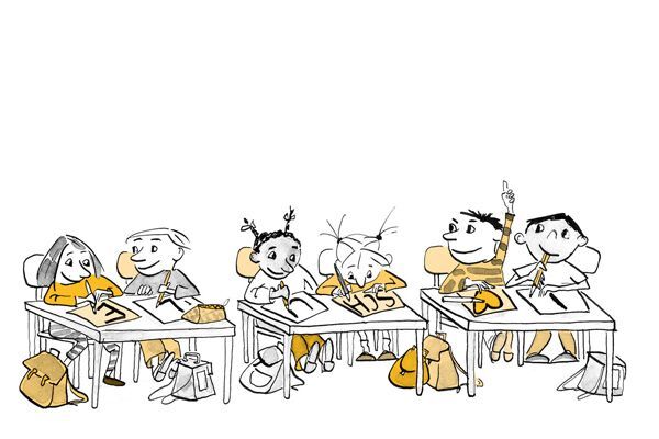 Illustration Les enfants sont assis à des tables et dessinent