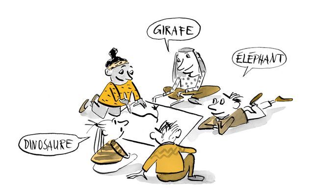 Illustration Des enfants sont assis autour d'une grande feuille et une fillette dessine