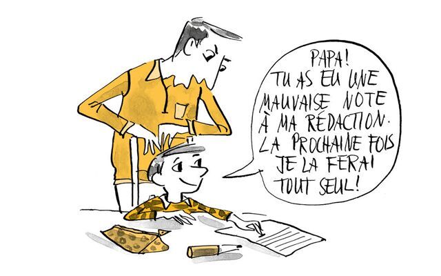 Illustration L'enfant montre sa rédaction à son père