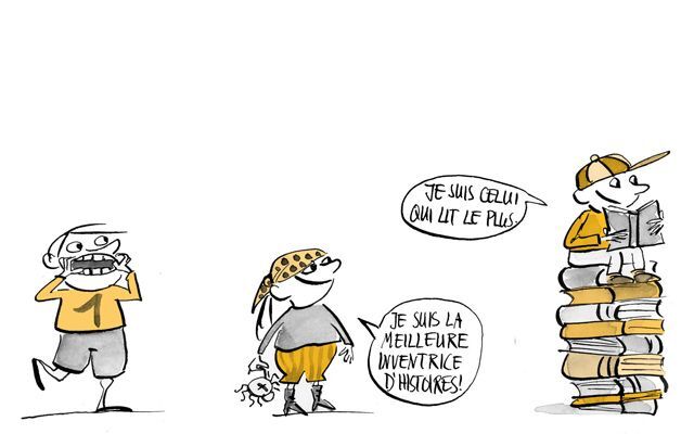 Illustration L'enfant de gauche fait une grimace, l'enfant du milieu porte un costume de pirate et l'enfant de droite est assis sur une pile de livres.