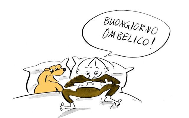 Illustrazione Il bambino parla con l'ombelico