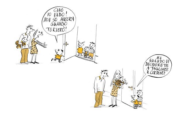 Illustrazione Il bambino saluta i genitori