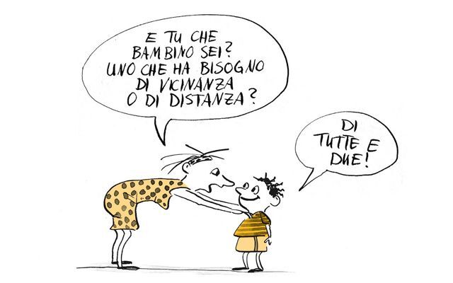 Illustrazione Al bambino viene chiesto se ha bisogno di vicinanza o di distanza.