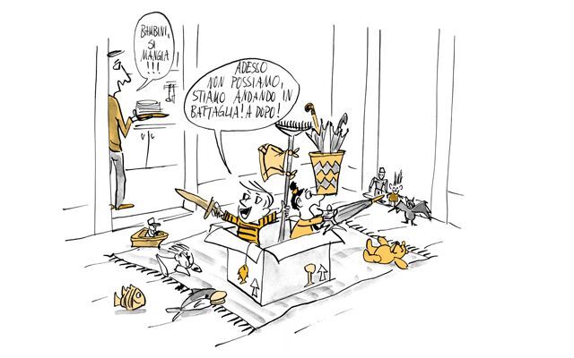 Illustrazione I bambini giocano con la fantasia in una scatola di cartone