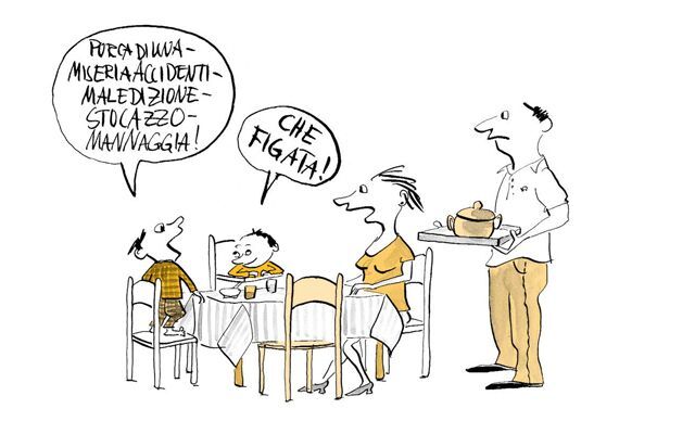 Illustrazione Il figlio sorprende i genitori a tavola 