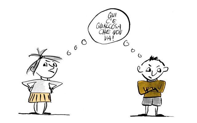 Illustrazione Due bambini pensano tra loro: “C'è qualcosa che non va!”.