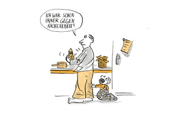 Illustration Ein Vater füllt in der Nacht den Schoppen.
