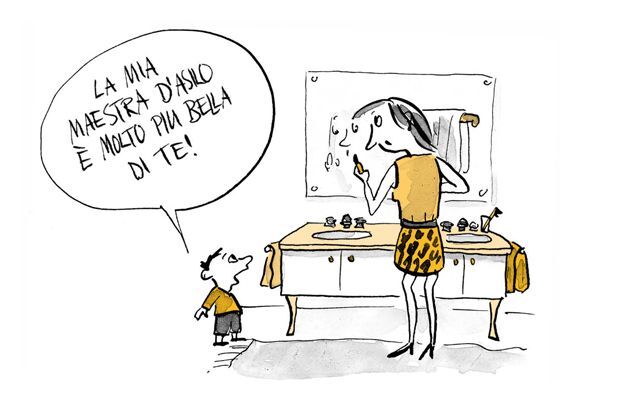 Illustrazione Il bambino trova la maestra d'asilo più bella della mamma