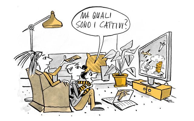 Illustrazione Il bambino chiede chi sono i cattivi nel film