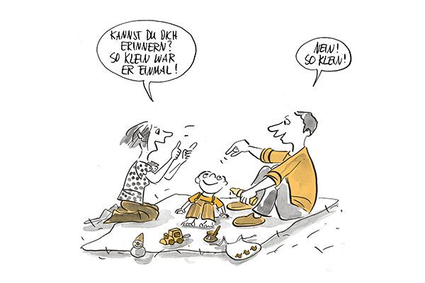 Illustration Eltern sitzen mit dem Kind und erinnern sich wie klein es einst war.