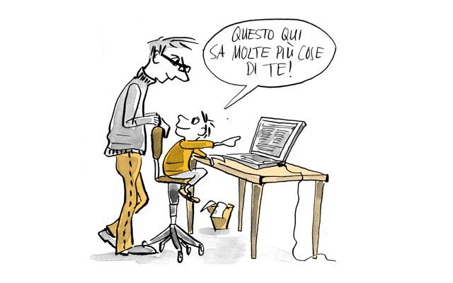 Illustrazione Il bambino dice che il computer ne sa di più del padre
