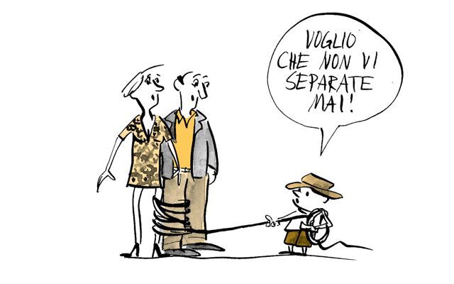 Illustrazione Un bambino lega i genitori per le gambe