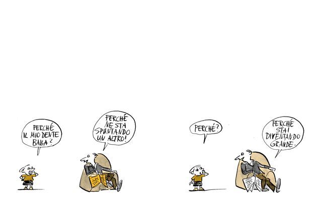 Illustrazione Un bambino chiede al padre perché il suo dente vacilla