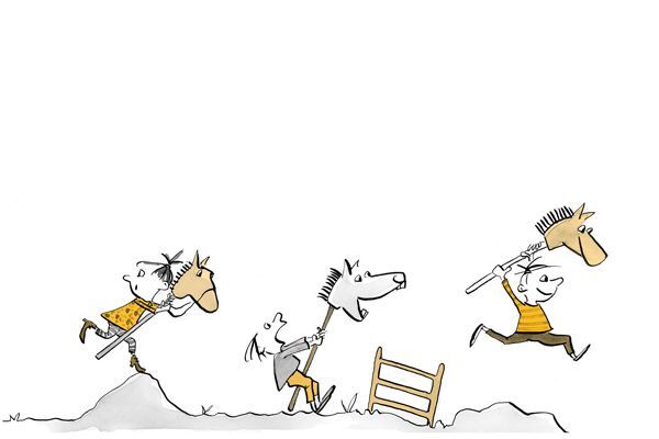 Illustrazione Il bambino gioca a “cavalcare” con il cavallo da tiro