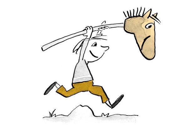 Illustrazione Un bambino corre sugli “ostacoli” con un cavallo da passeggio