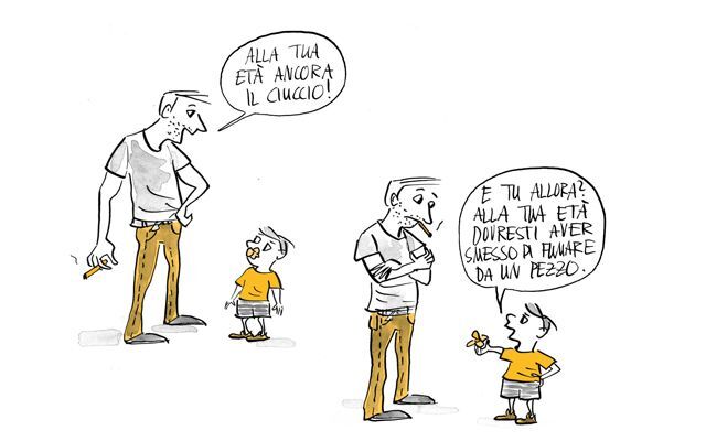 Illustrazione Il padre dice al figlio di togliere il ciuccio