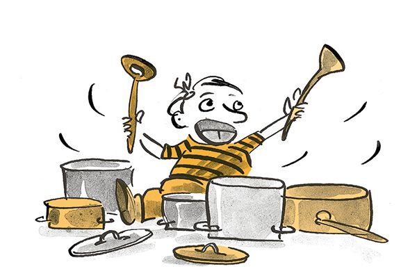 Illustration Ein Kind schlägt auf Pfannen ein um Musik zu machen.