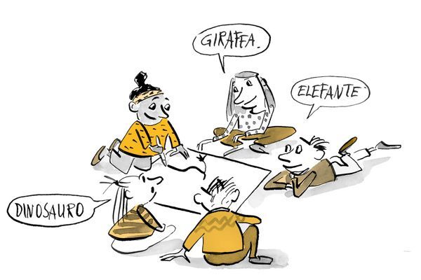 Illustrazione I bambini si siedono intorno a un grande foglio di carta e una bambina disegna