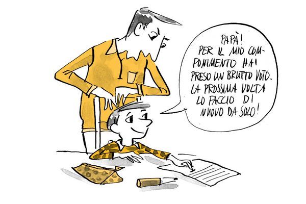 Illustrazione Il bambino mostra il suo saggio al padre