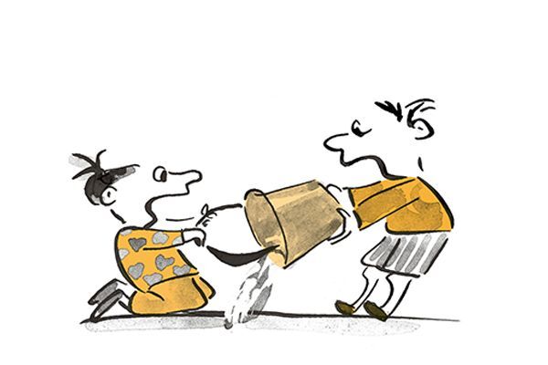 Illustration Zwei Kinder streiten sich um einen Eimer.