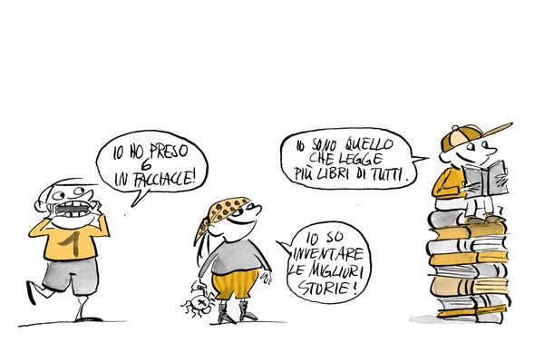 Illustrazione Il bambino a sinistra fa una smorfia, quello al centro indossa un costume da pirata e quello a destra è seduto su una pila di libri.